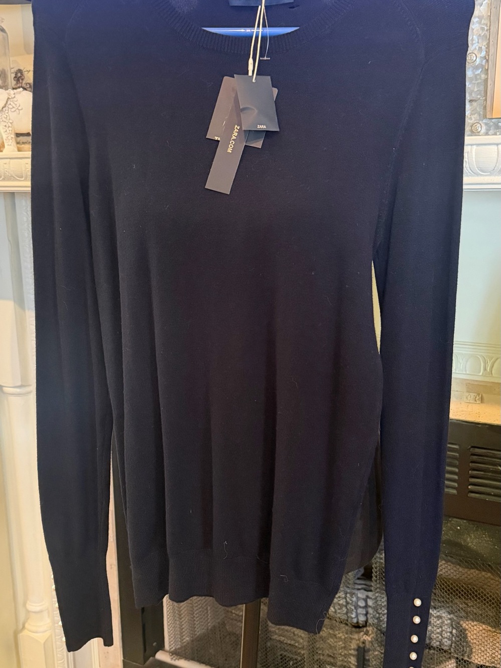 Zara Women's Navy Crewneck Sweater with Pearl Button Cuff